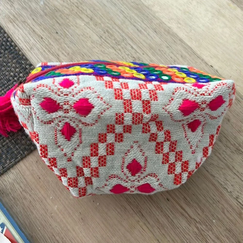 Lovestitch boHo embroidered pink tassel pouch bag clutch beige